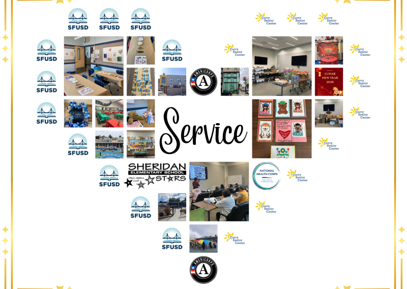 A collage in the shape of a heart made with photos from Sabrina's experiences as an AmeriCorps and NHC member across 2 different years, demonstrating the "heart for service".