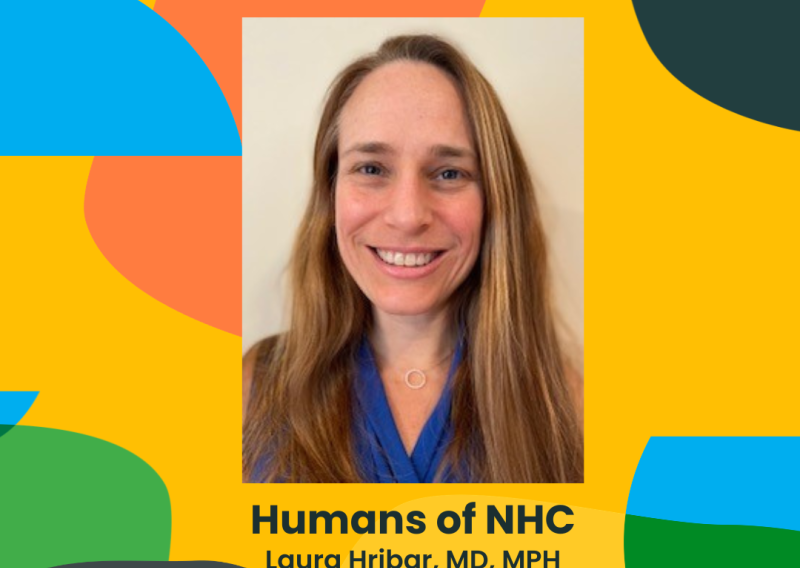Dr. Hribar headshot surrounded by colorful shapes and the NHC logo