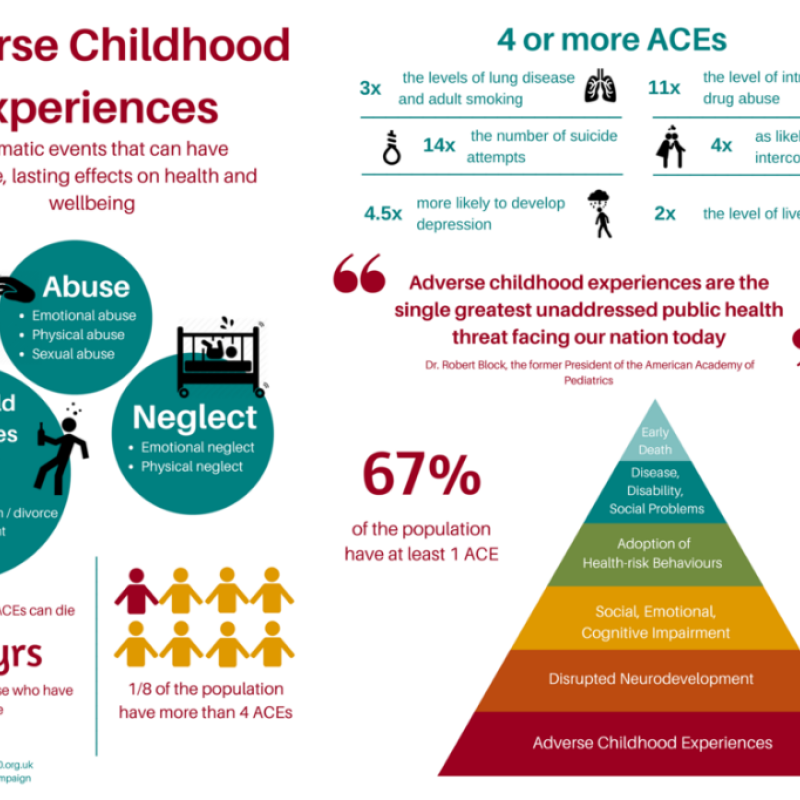 A chart defining Adverse Childhood Experiences and including facts regarding negative effects to their health in their future.