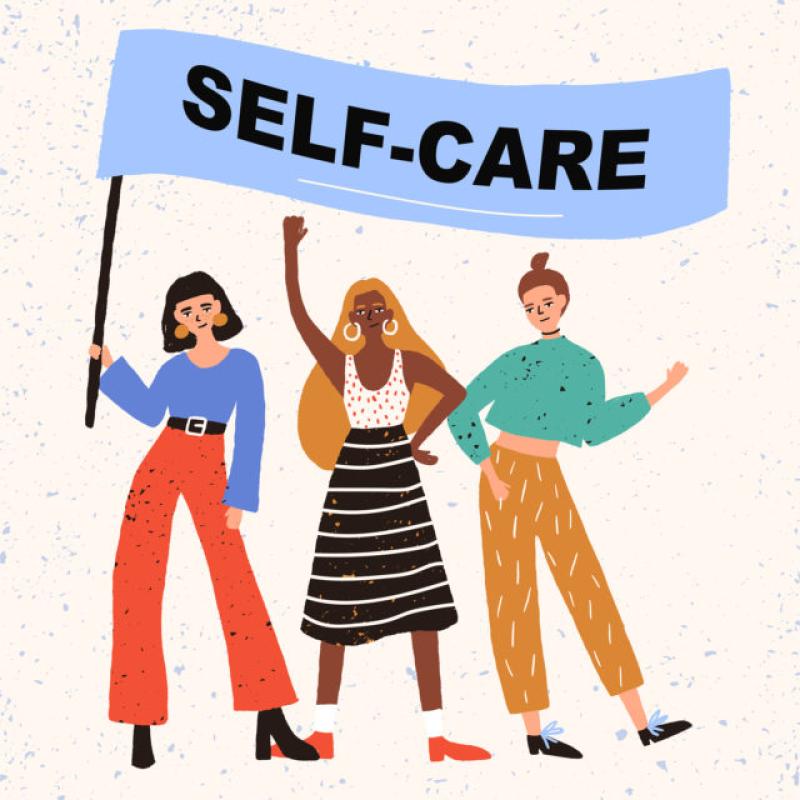 A cartoon depicting three people holding a flag with the words "Self-Care" on it.