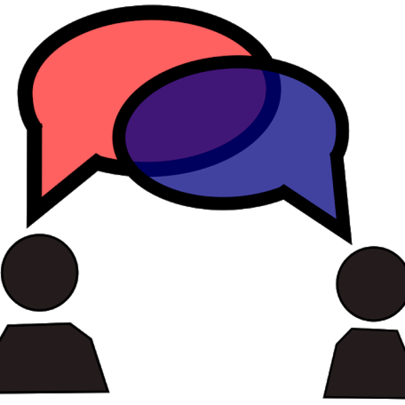 Two cartoon human outlines conversing through conversation bubbles.