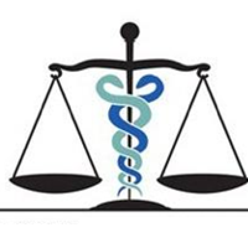 A drawing of the medical and legal symbols combined: two snakes intertwined around the scales of justice