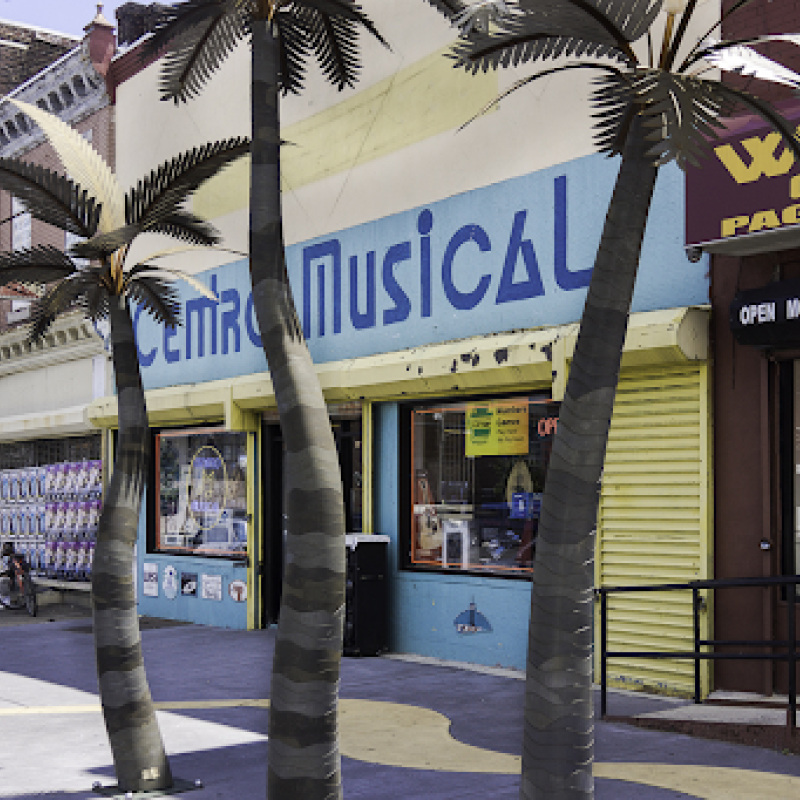 Steel palm trees surrounding commercial area in el Bloque de Oro
