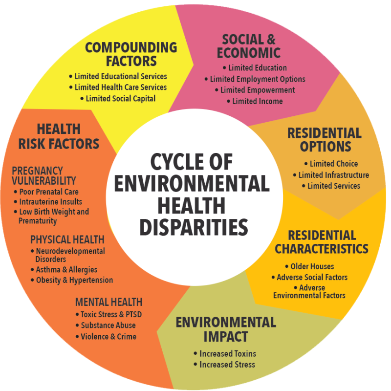 This graphics shows the cycle of health disparities that compound one another, often called the “social determinants of health”. From Science for Georgia. 