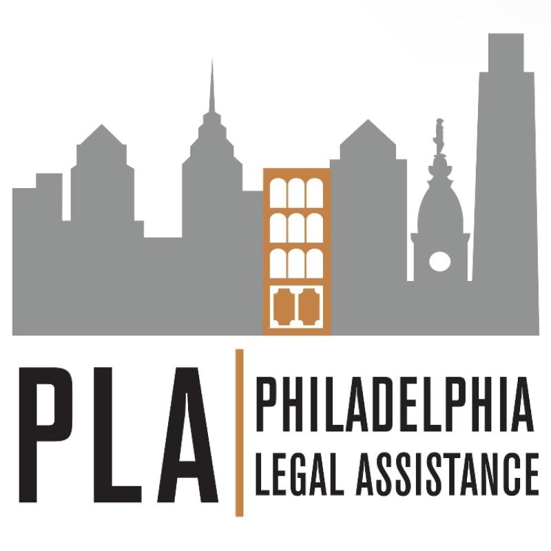 The Philadelphia Legal Assistance logo: a gray skyline with and orange door in the middle
