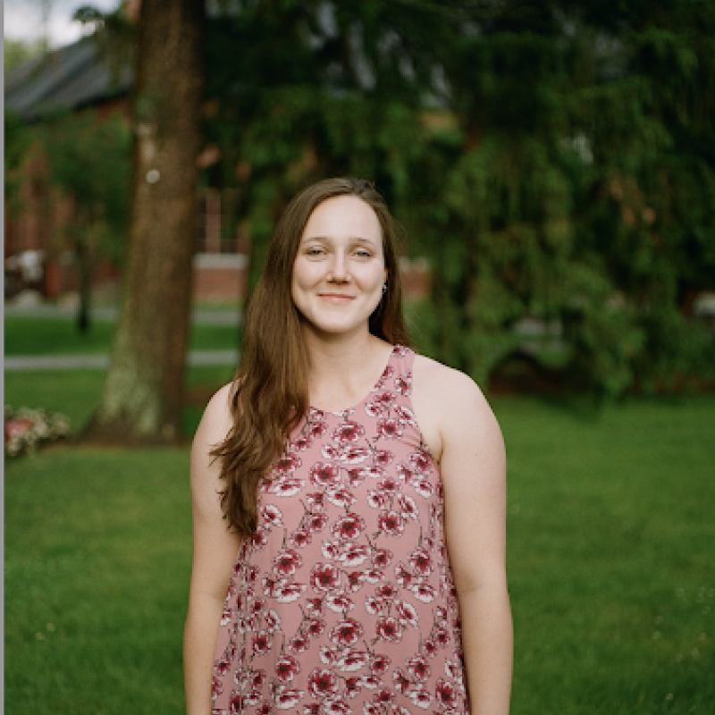 Colette in a pink dress standing in a green field with trees behind her
