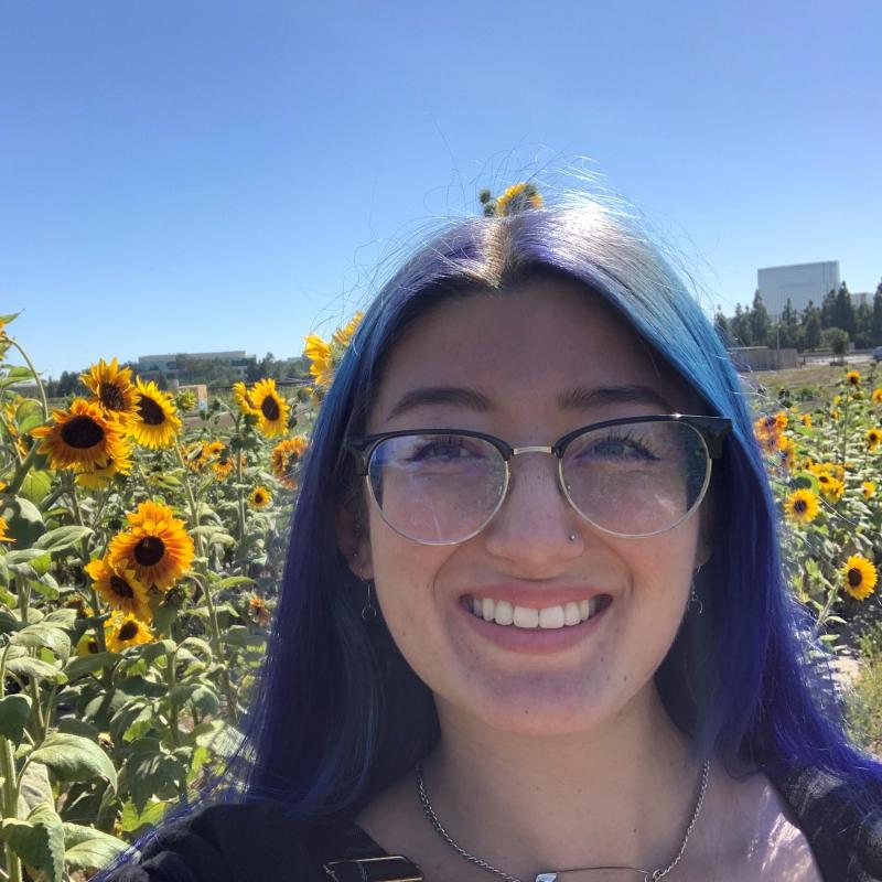 Megan is facing the camera smiling. Behind her is a field of sunflowers and a clear, blue sky.