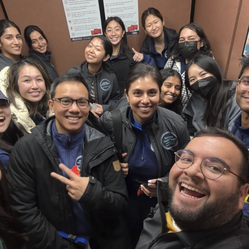 The 2024-2025 NHC SF Cohort squeezes into an elevator on their Annual Member Retreat. 
