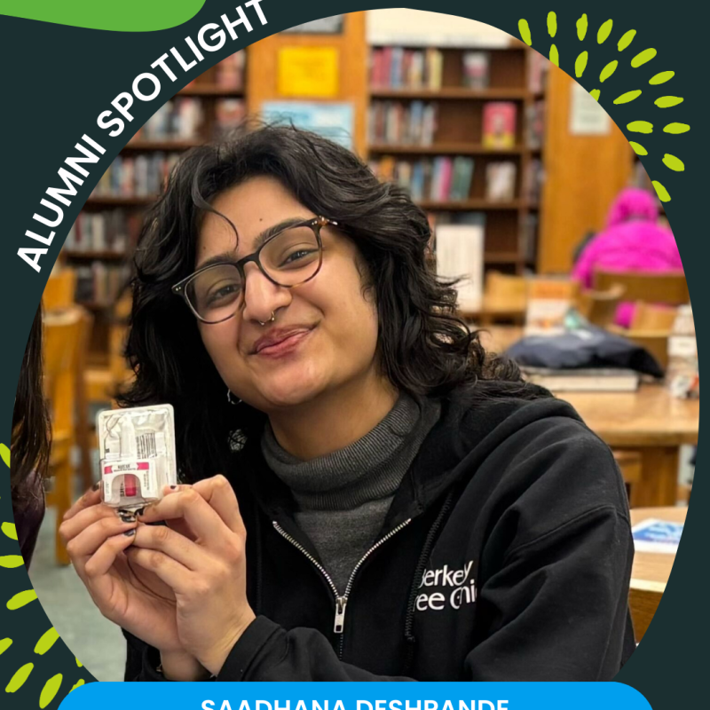 The image is an edited Canva image title Alumni Spotlight. In the middle is a headshot of Saadhana Deshpande holding up naloxone. Below is a caption stating "Saadhana Deshpande, NHC SF 2021-2022; 2022-2023".