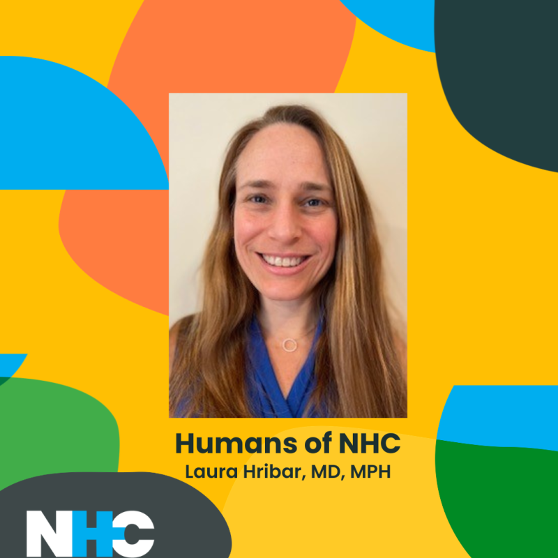 Dr. Hribar headshot surrounded by colorful shapes and the NHC logo