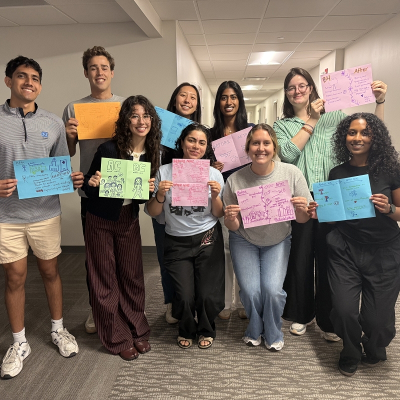 NHC Philadelphia Members holding signs that share images and phrases about where they were at the start of the term and where they are now